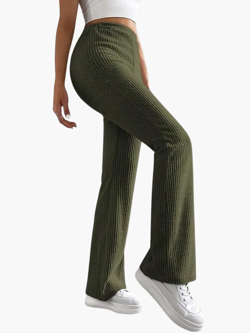 Wide high-waist knit pants for women in olive green with a ribbed texture, wide-leg lounge trousers.