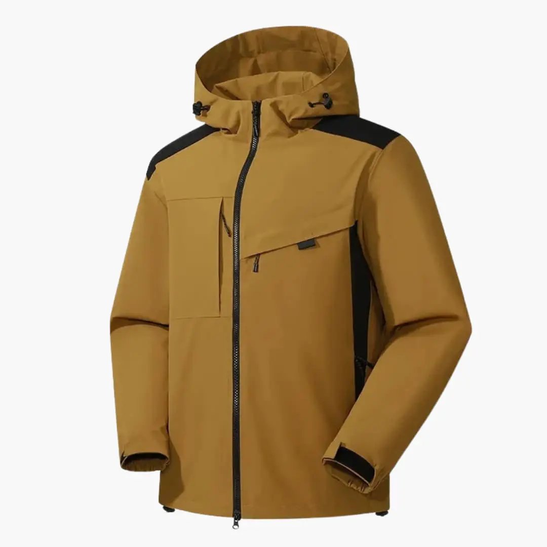 Men's ski jacket with hood by Wilfred Smith, mustard color with black shoulder panels and zip pockets.