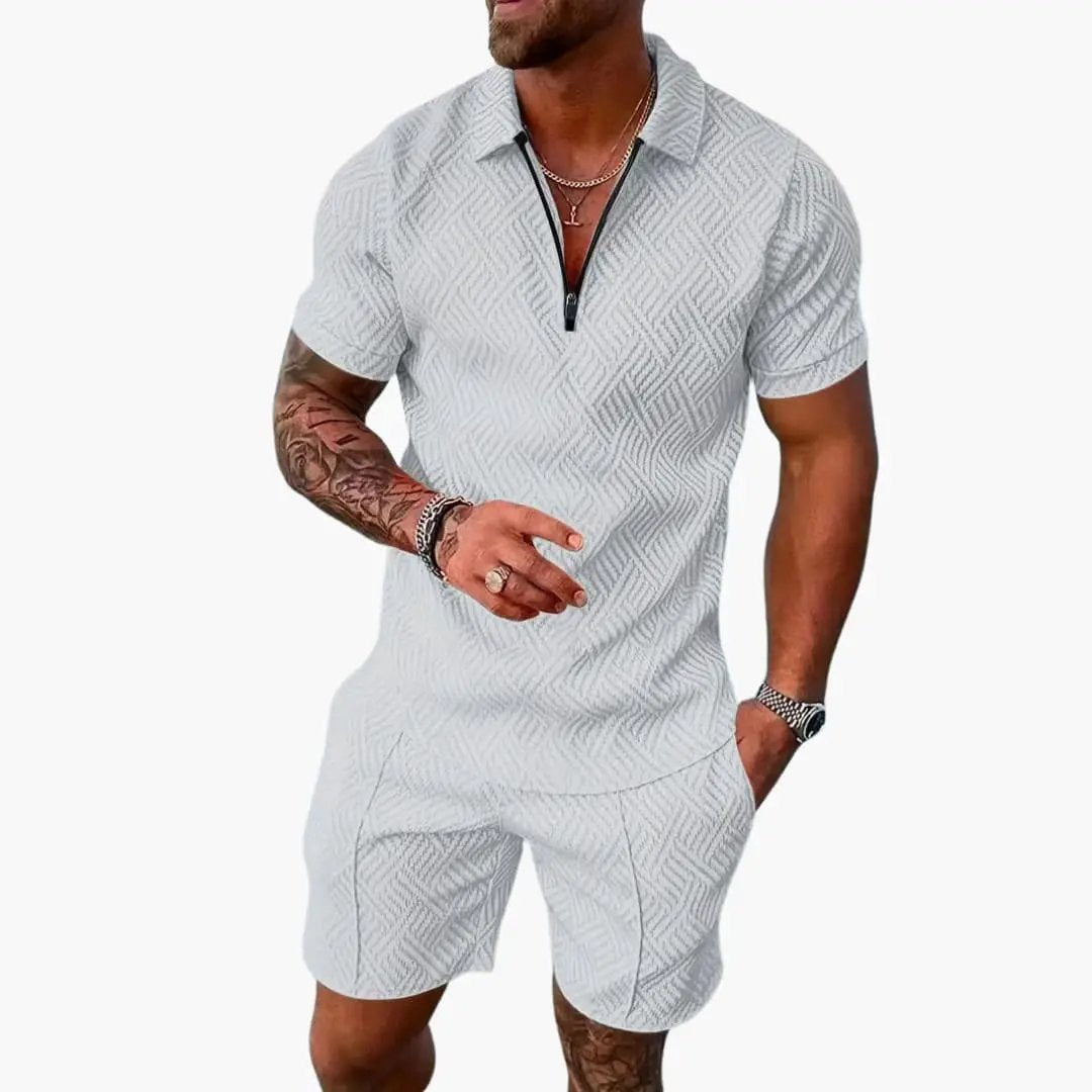 Wilfred Smith men's summer two-piece set: zippered short-sleeve top and matching shorts in light gray geometric print