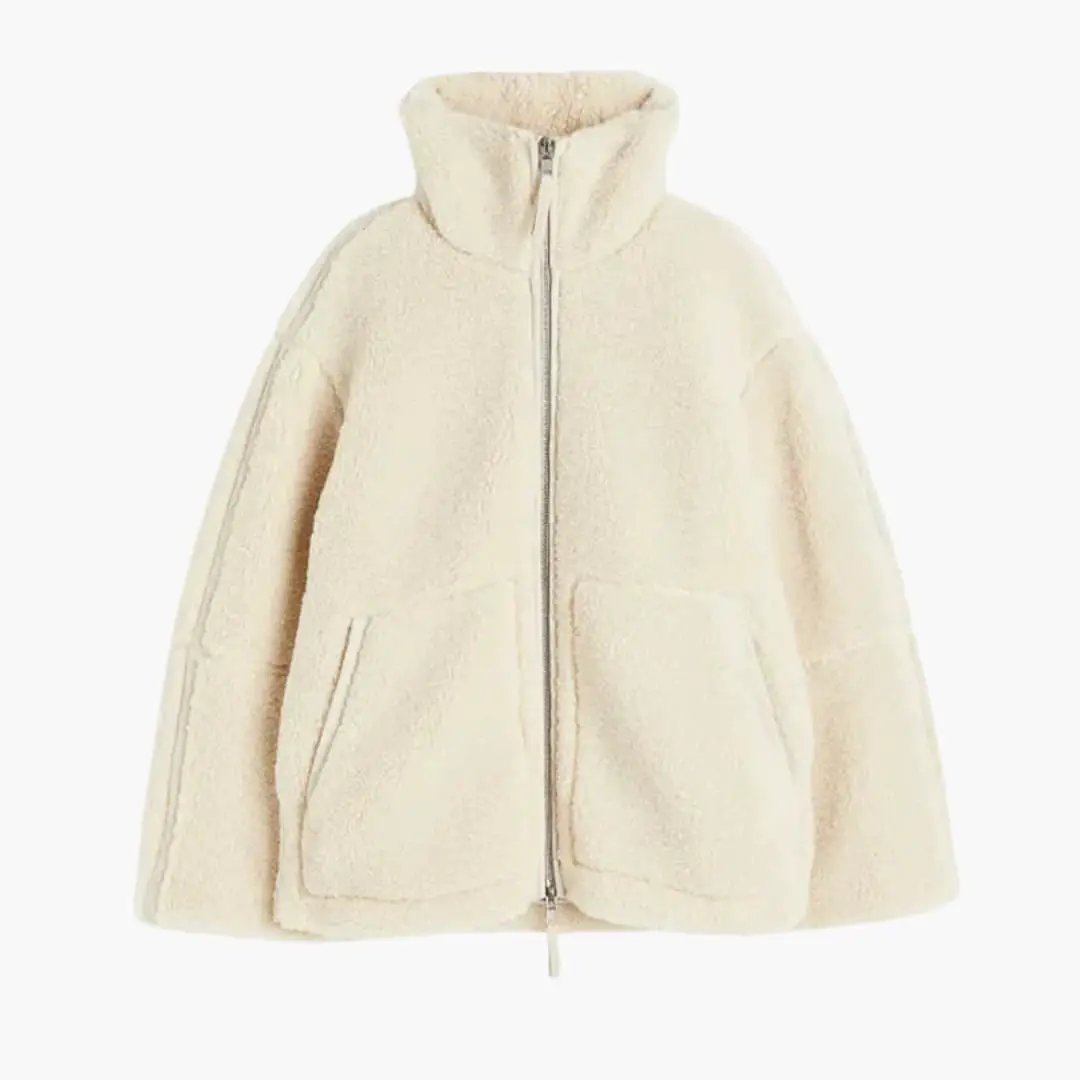 Lambswool jacket for women in cream, zip-front with high collar and patch pockets