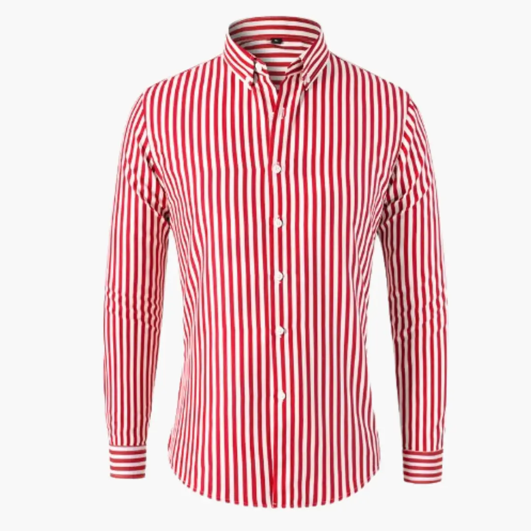 Striped long-sleeve shirt for men by Wilfred Smith, red and white vertical stripes