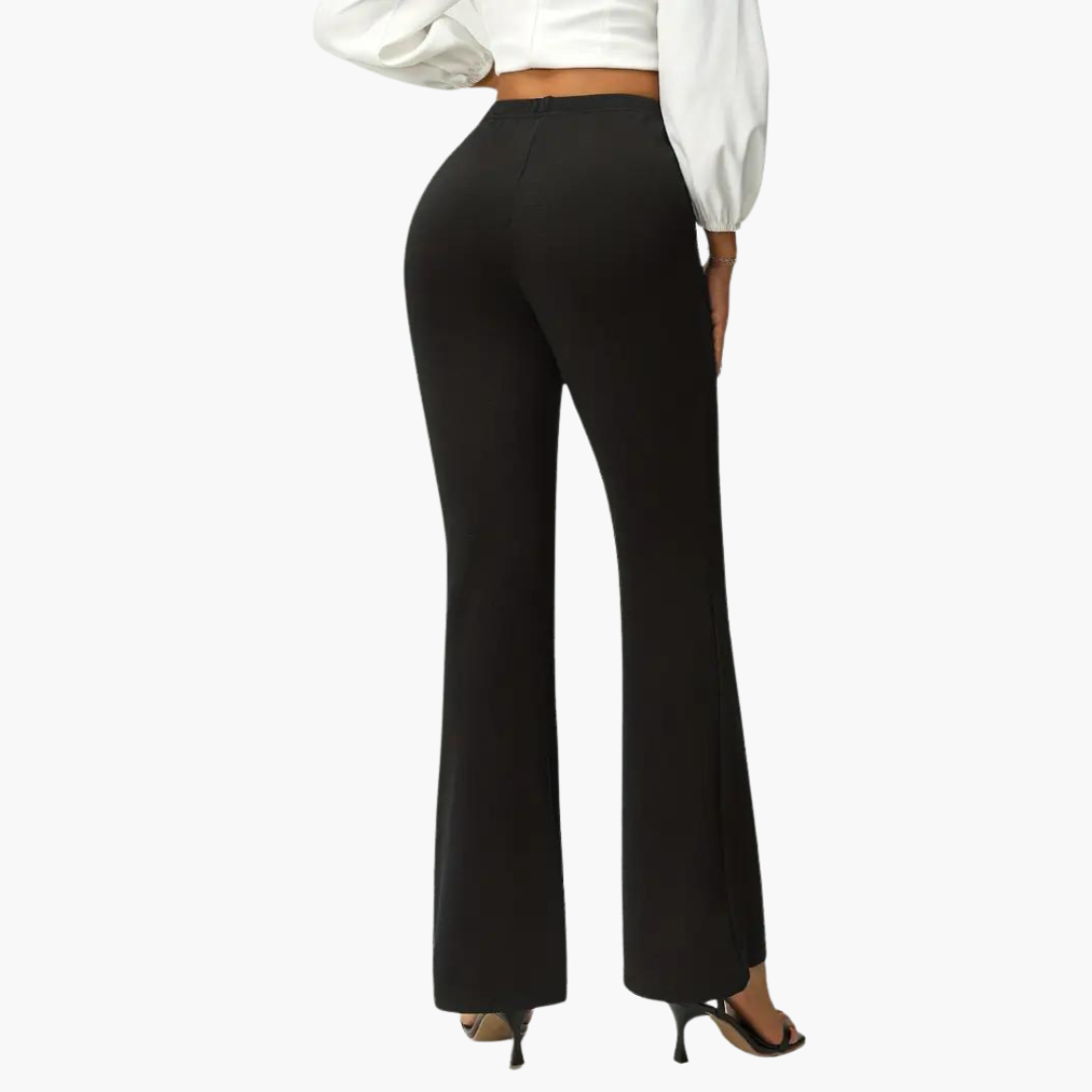 Elegant flared pants for women, black stretch-fit; full-length with heels.