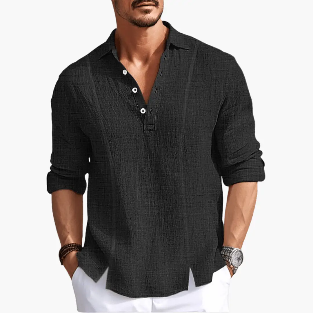 Men's shirt by Wilfred Smith in black textured fabric, long-sleeve casual button-up.