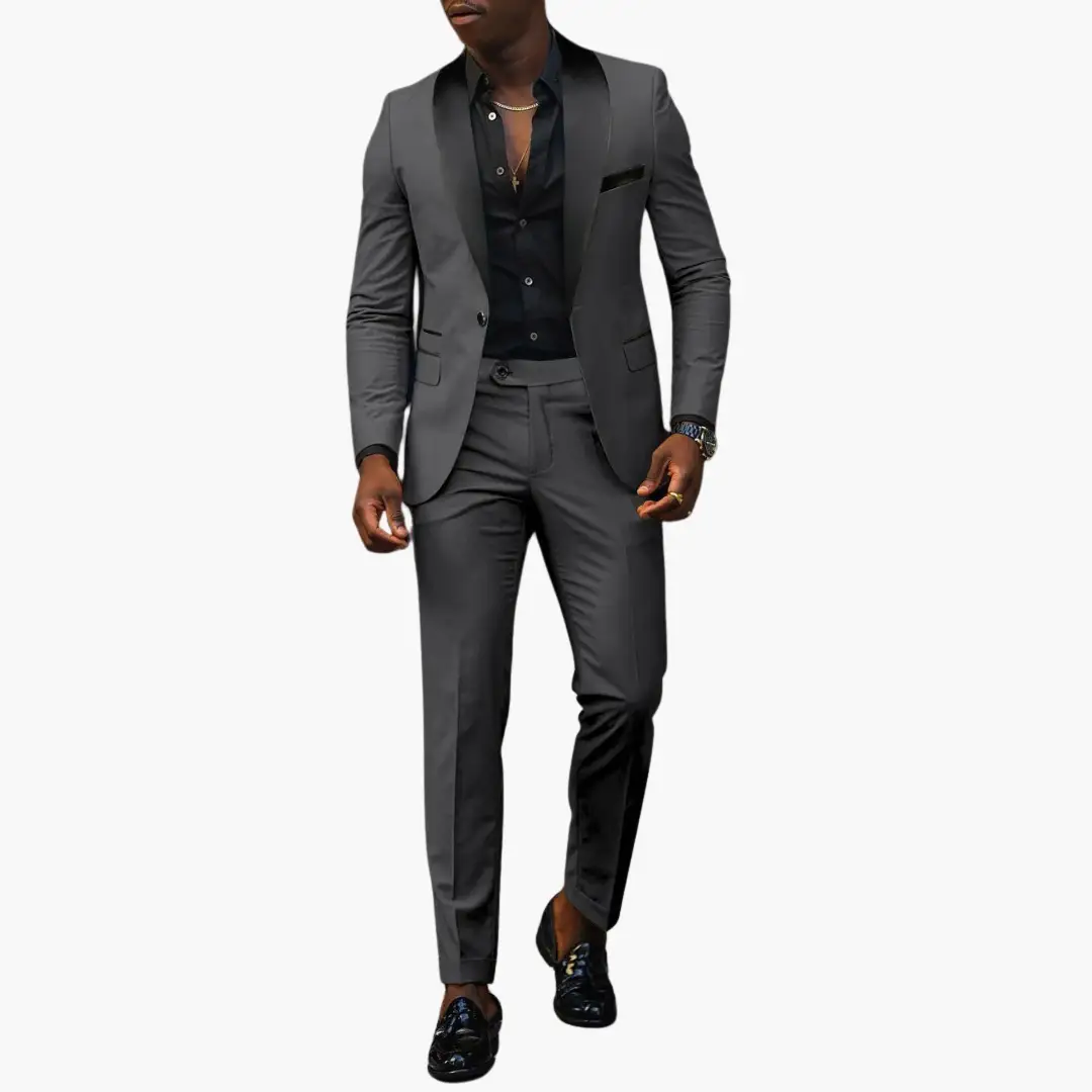 Elegant men's wedding suit - two-piece, gray with black satin lapels, modern cut.