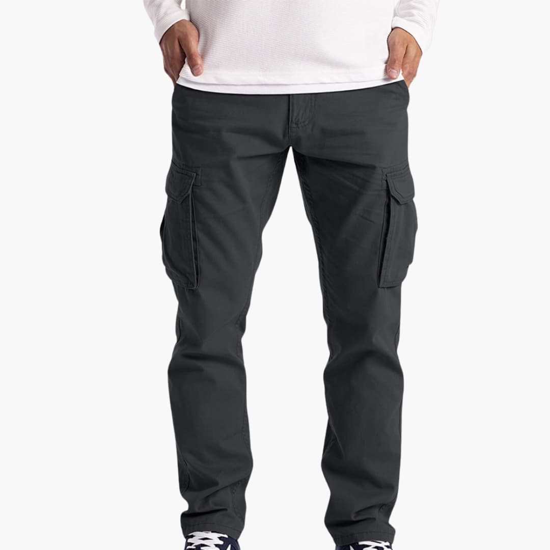 Men's Summer Cargo Pants by Wilfred Smith, dark gray with cargo pockets and adjustable waist