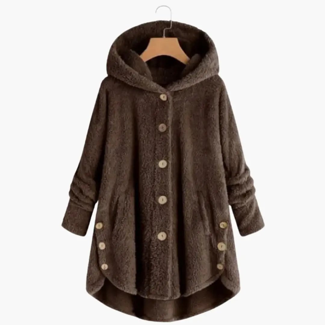 Women's brown faux-shearling jacket with hood and button closure
