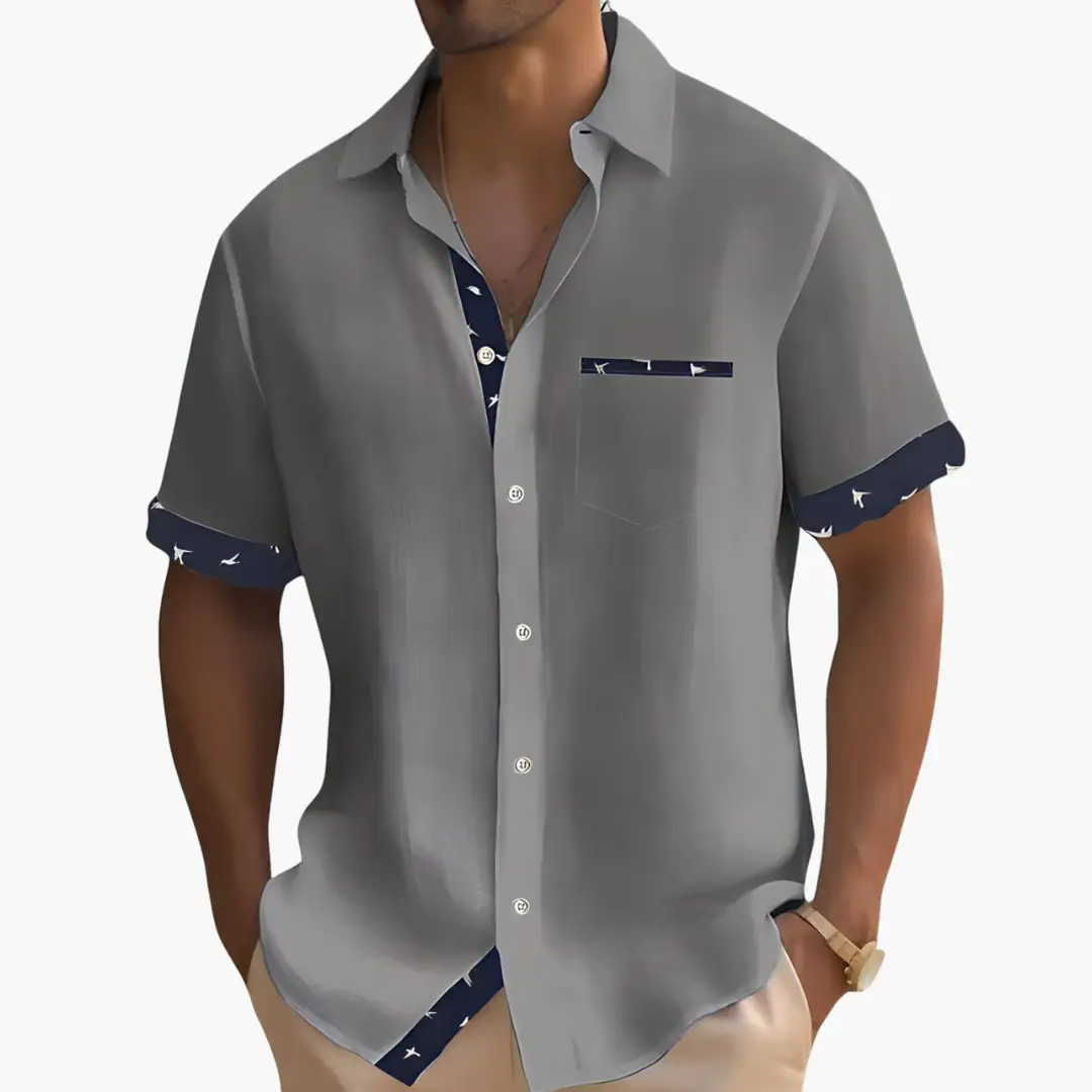 Modern Slim Fit Shirt for Men by Wilfred Smith, grey short-sleeve shirt with navy rolled cuffs and chest pocket trim