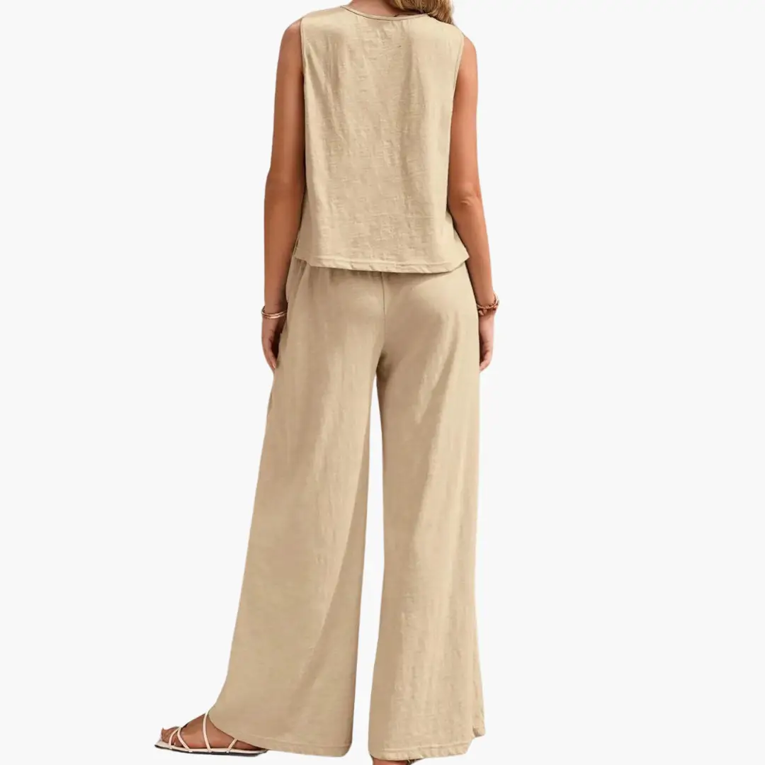 Women's beige two-piece outfit set with sleeveless top and wide-leg pants.
