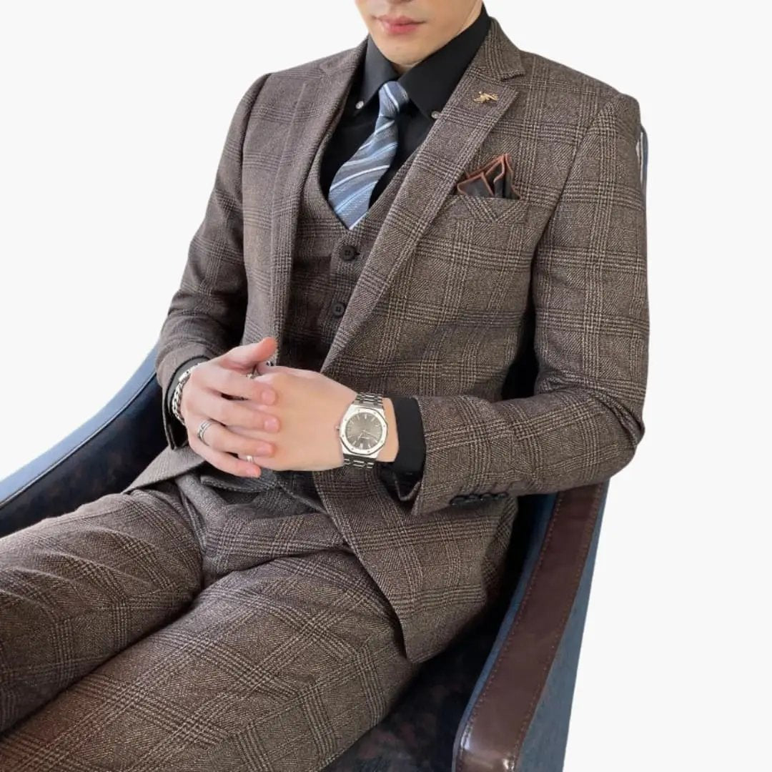 Wilfred Smith men's three-piece brown check suit set with vest and pocket square