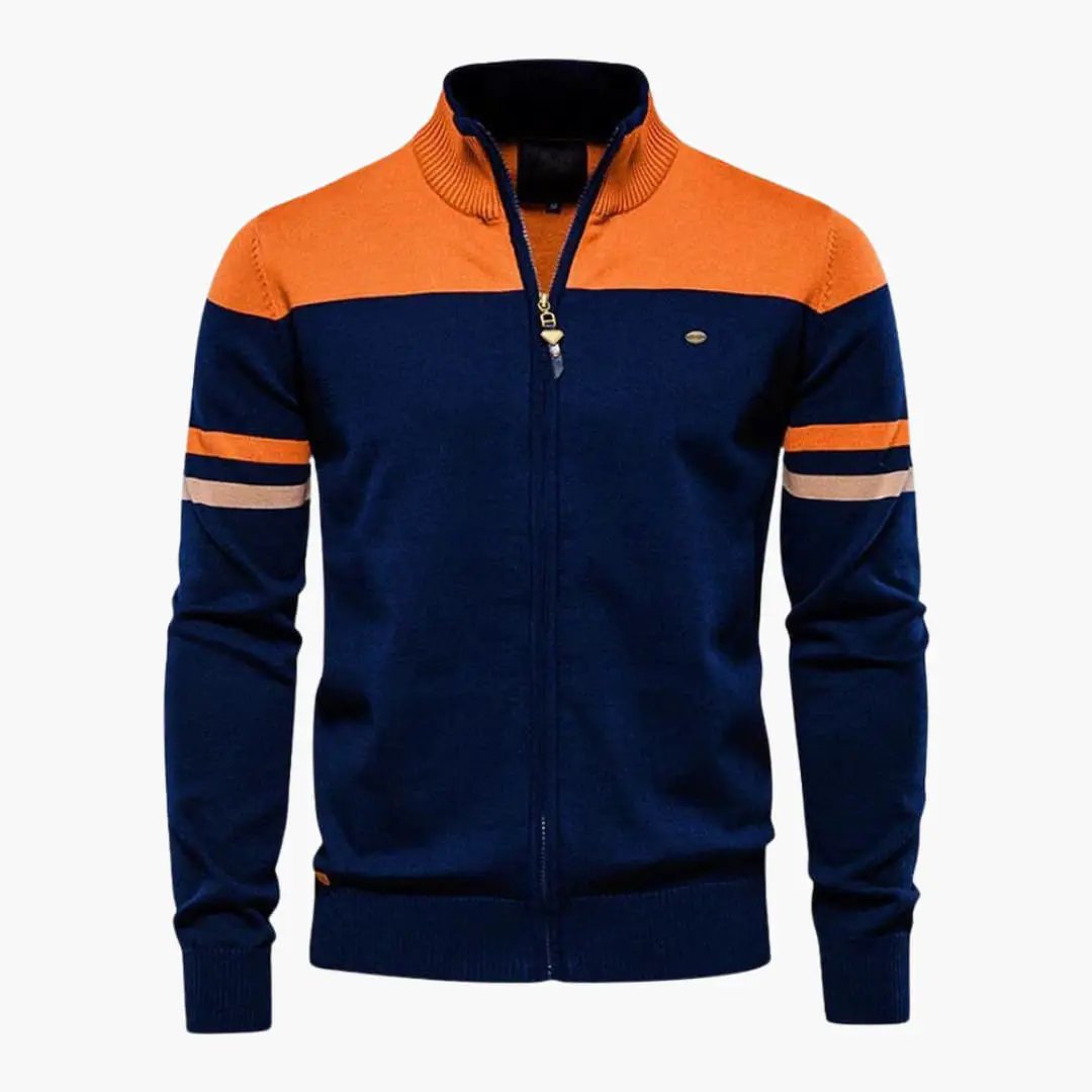 Men's zip-up cardigan with ribbed hem in navy and orange colorblock, full-zip, Wilfred Smith.