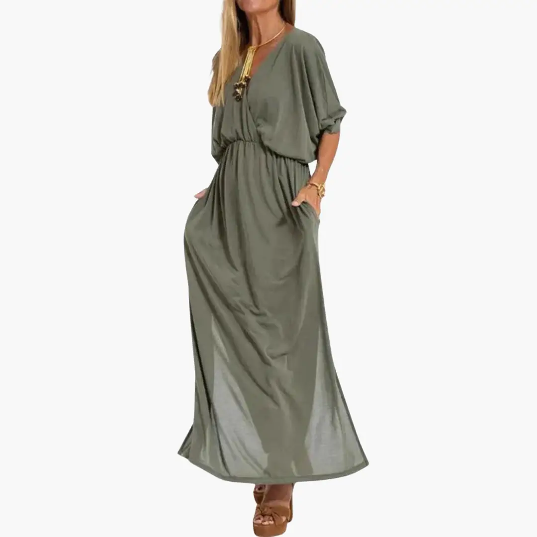 Women's V-neck dress with 3/4 sleeves in olive-green, elastic waist maxi silhouette with pockets