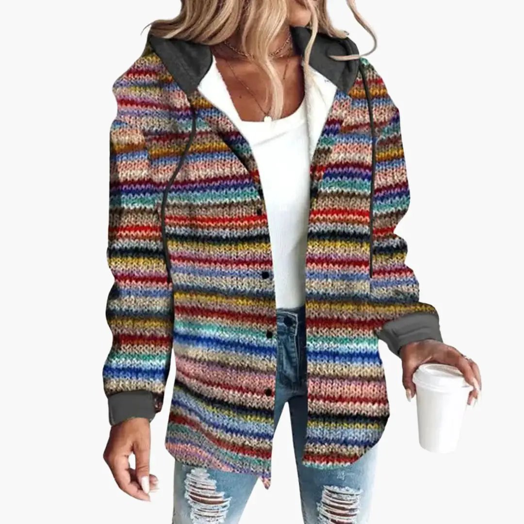 Women’s hooded striped knit cardigan with multicolor stripes.