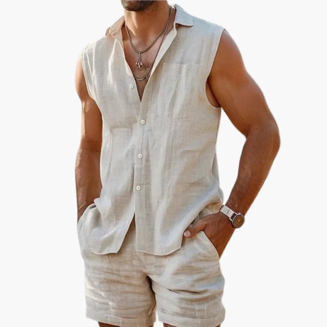 Men's 2-piece linen sleeveless button-down shirt and shorts set in light beige