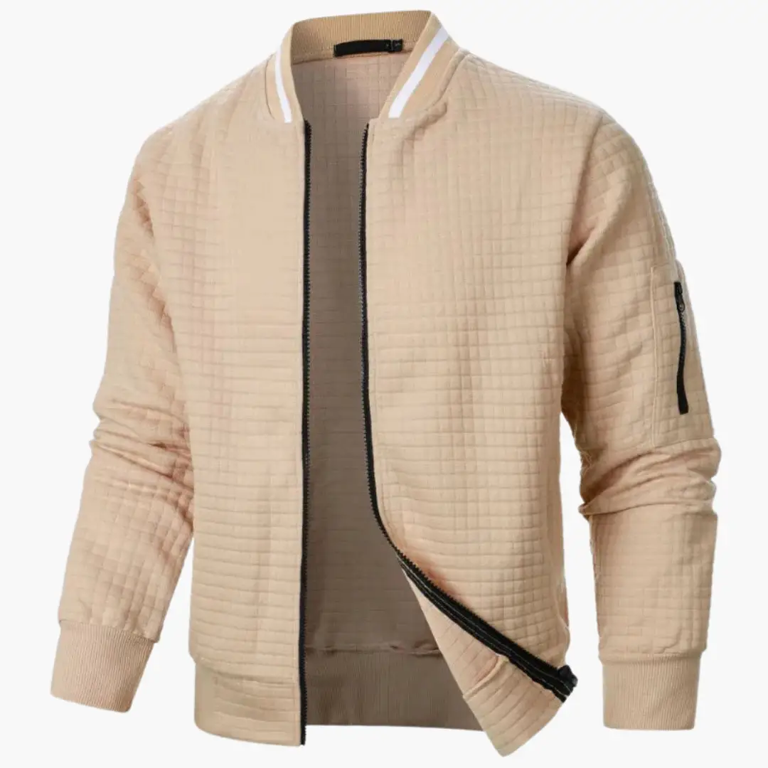 Beige quilted bomber jacket for men with ribbed cuffs and front zip closure.