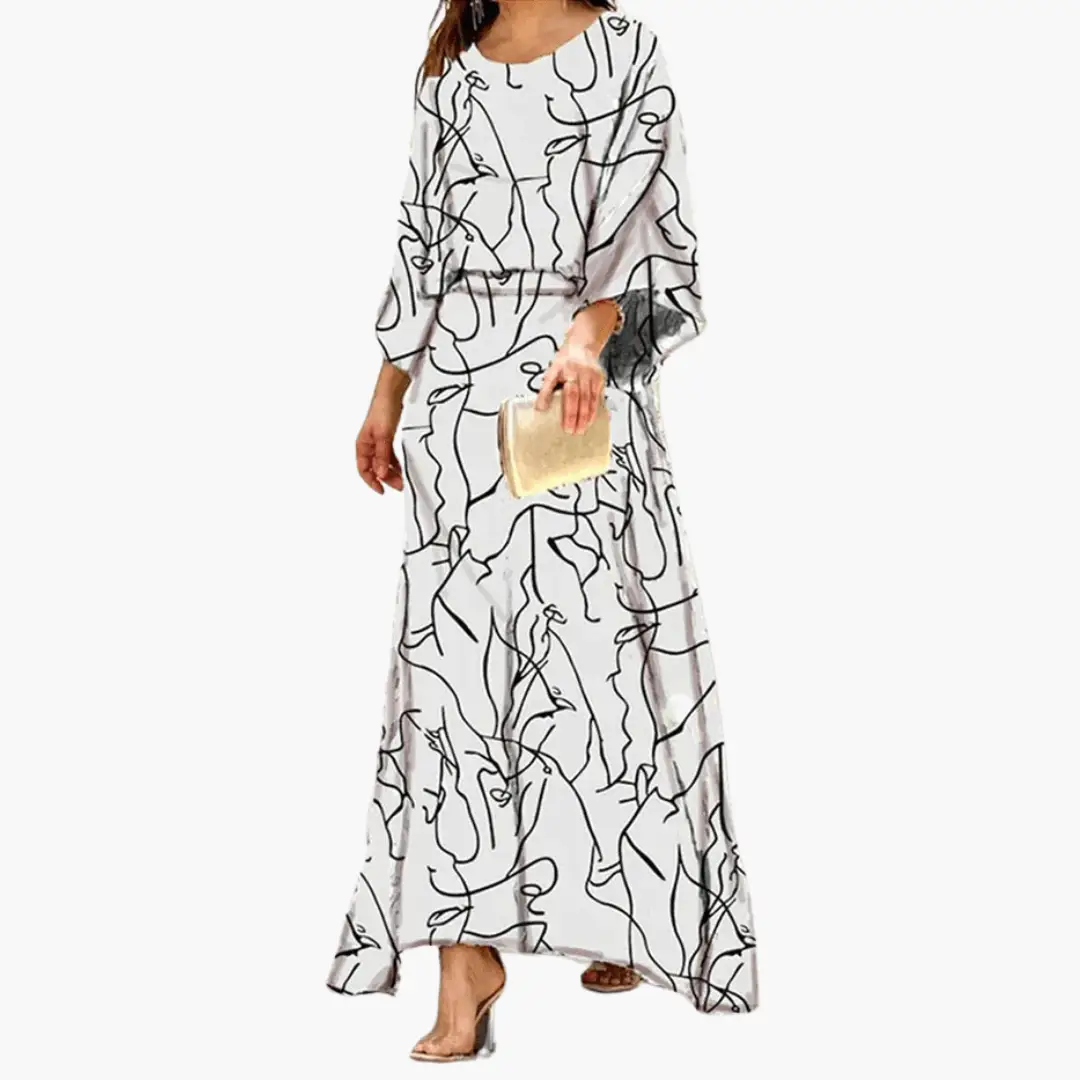 Women's Maxi Dress with Abstract Black Print by Wilfred Smith, Boho Summer Style, ivory-white fabric