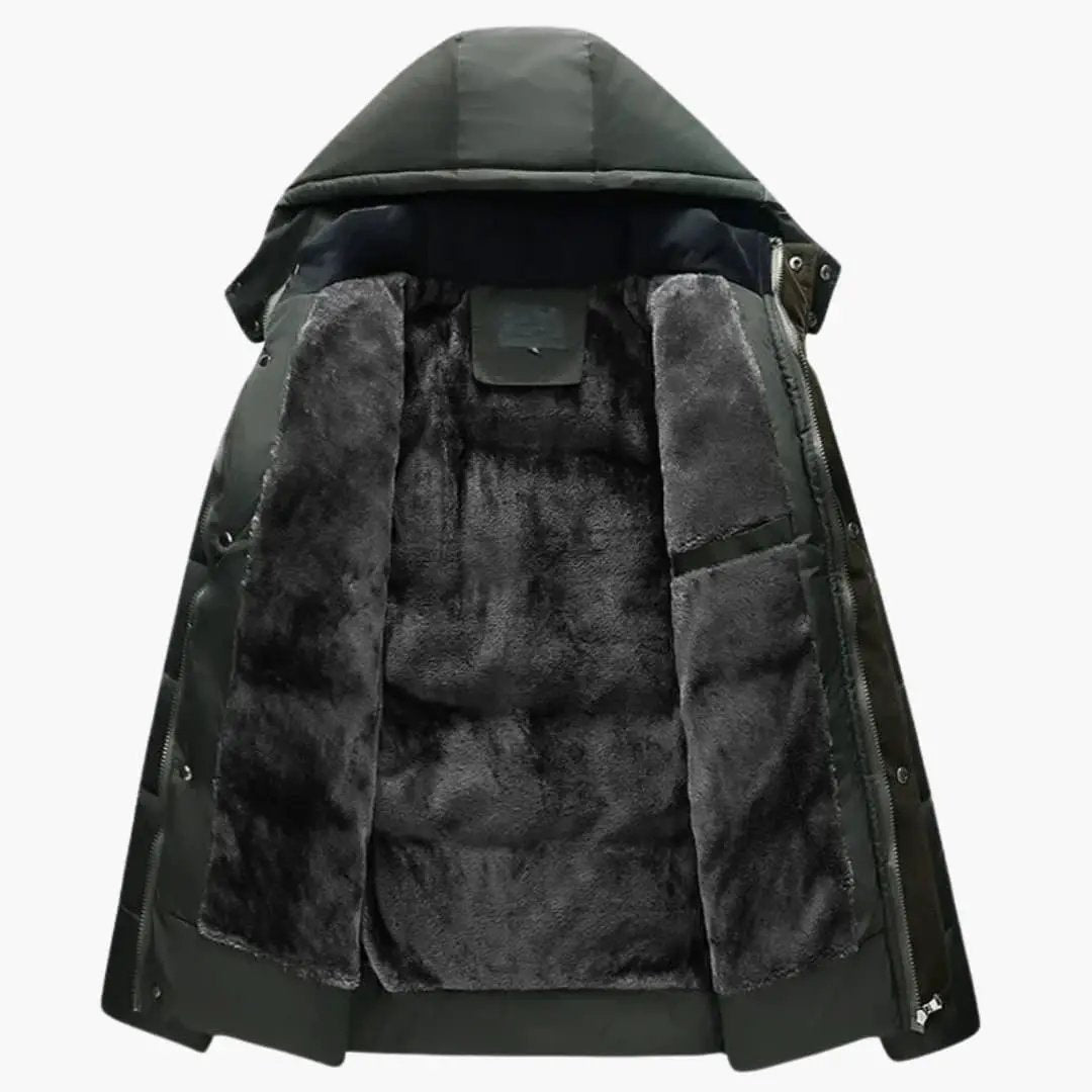 Men's Wilfred Smith hooded puffer jacket with dark green exterior and black faux-fur lining