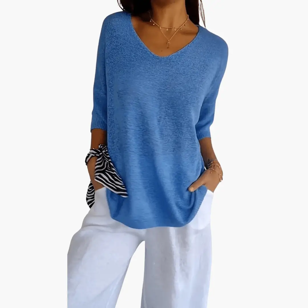 Women's blue V-neck top with loose fit, casual summer knit sweater