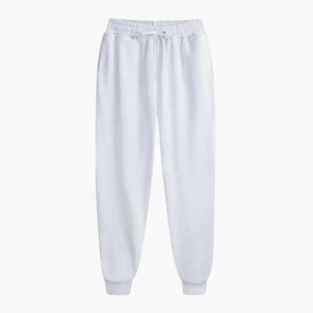 Unisex jogging pants by Wilfred Smith, white with drawstring waist and cuffed hems