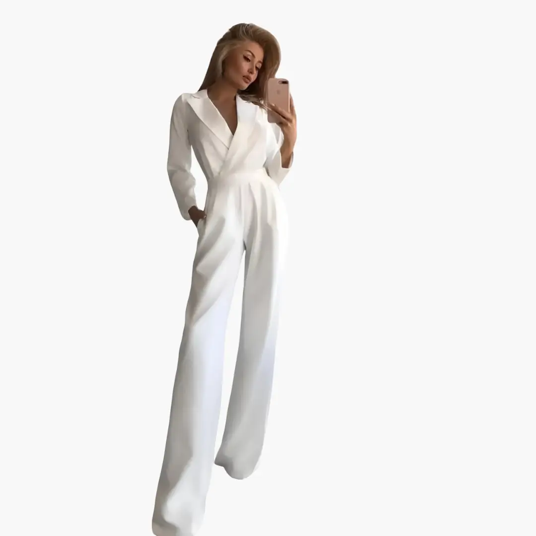 Wilfred Smith women's jumpsuit with V-neck, white full-length, wide-leg one-piece