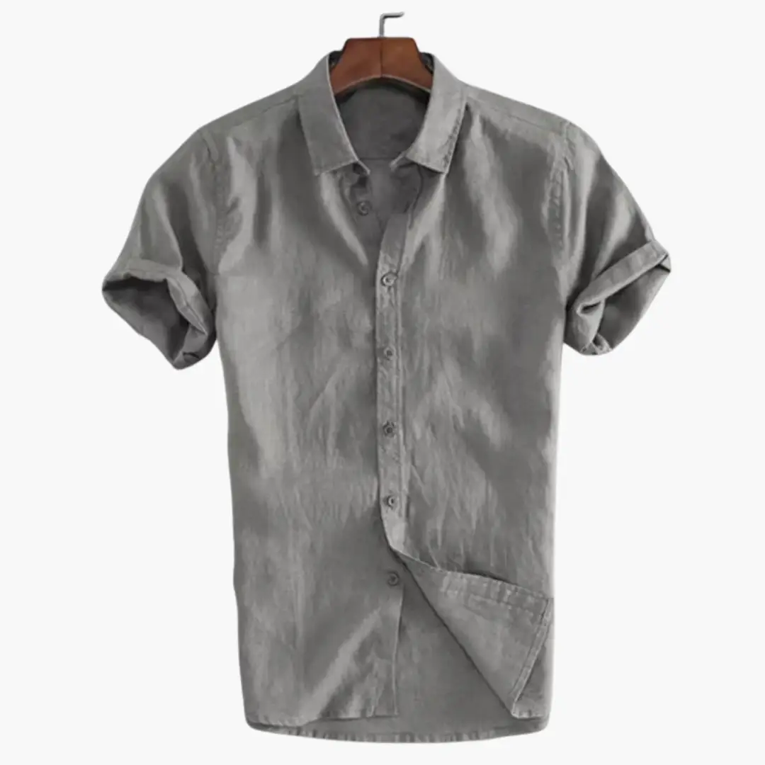 Casual gray shirt for men, short-sleeve button-down on hanger, Wilfred Smith