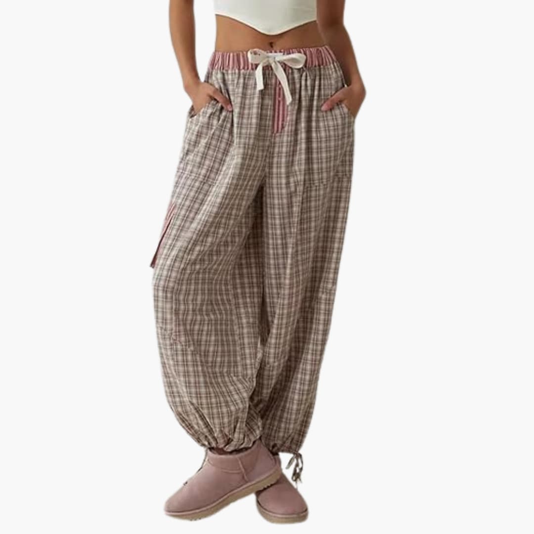 Women's Pajama Set with Button Top and Elastic Pants, striped plaid with pink waistband, Wilfred Smith
