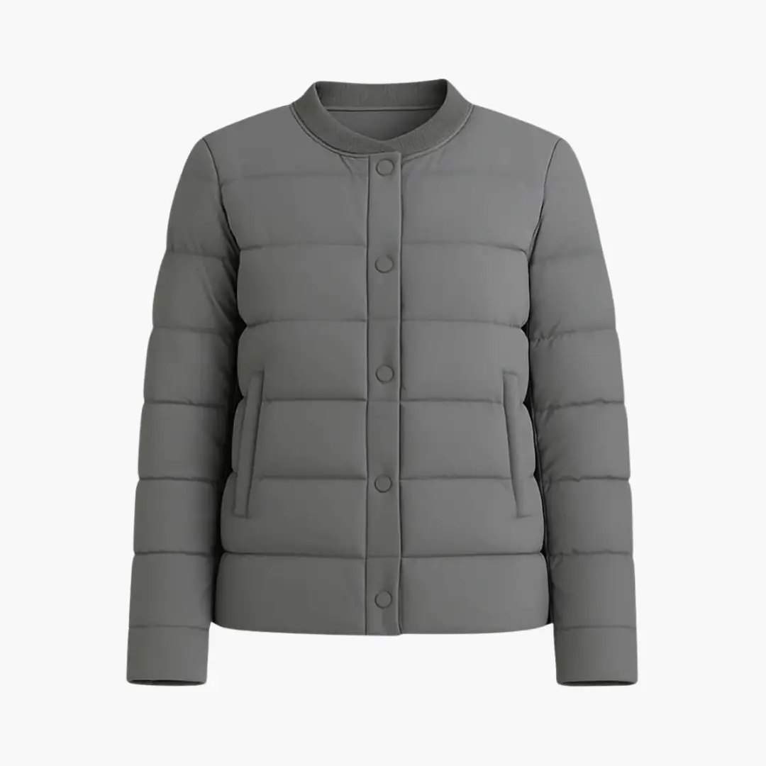Women's gray puffer jacket with horizontal quilting, front snap closure and two pockets.
