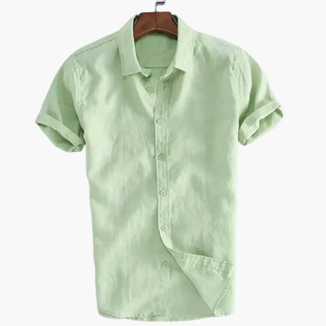 Wilfred Smith light green short-sleeve shirt on hanger