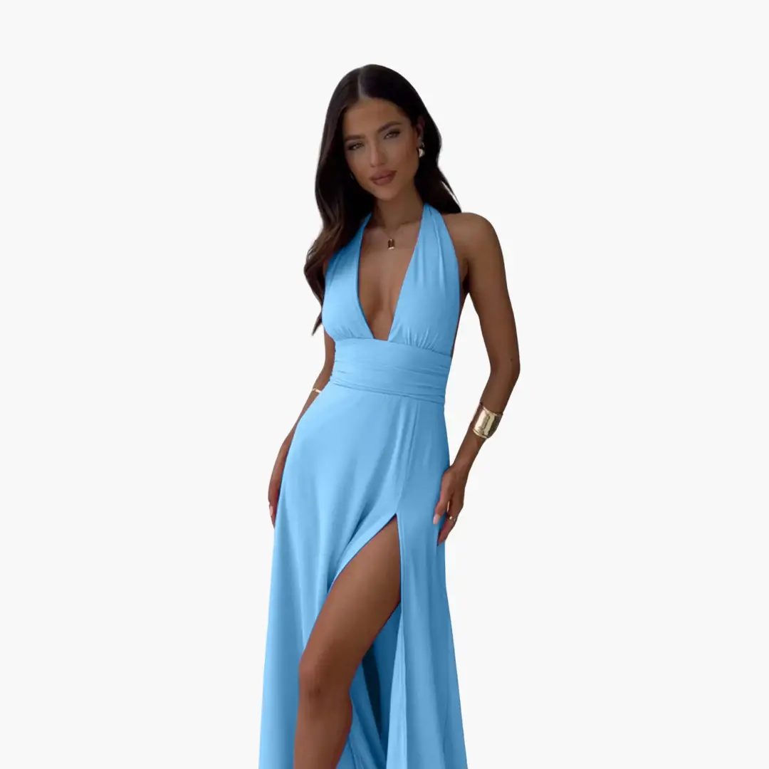 Maxi dress with halter neck and thigh slit in light blue by Wilfred Smith