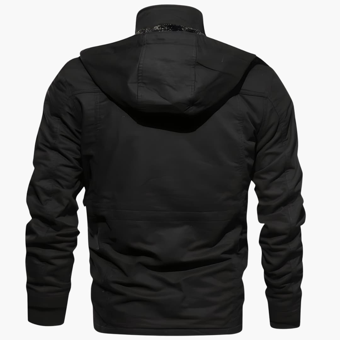 Men's black Wilfred Smith winter jacket with hood, back view