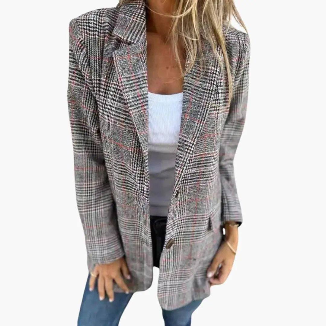 Women's checked blazer by Wilfred Smith, tailored slim-fit gray plaid with red accents