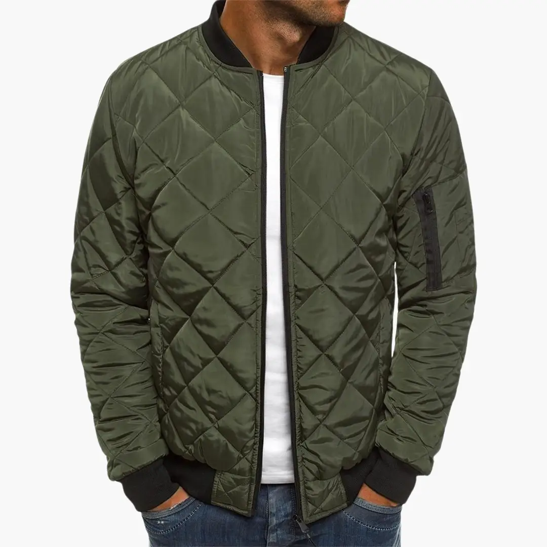 Men's Quilted Bomber Jacket by Wilfred Smith, olive green diamond-quilted with zipper front and arm pocket