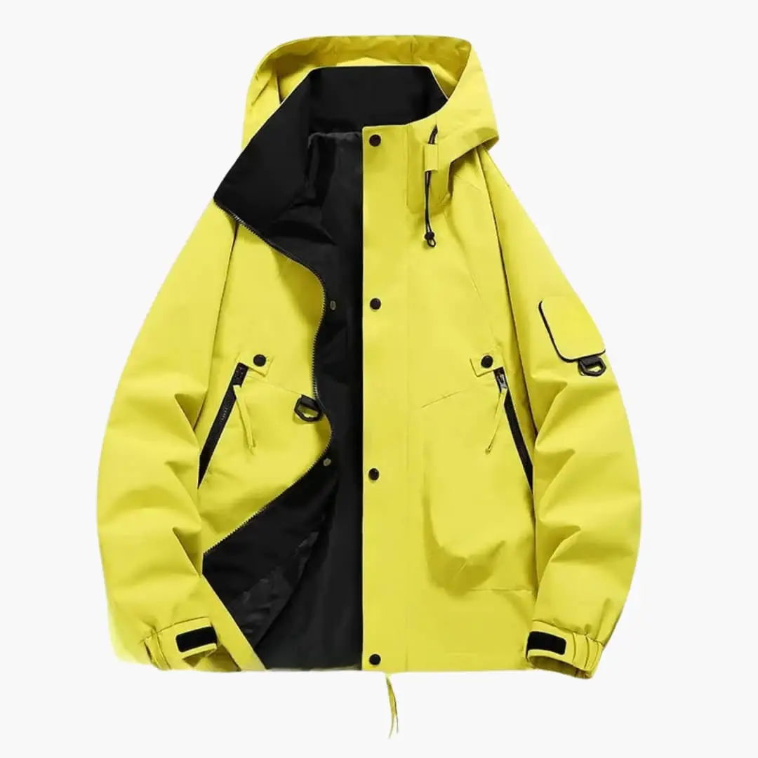 Unisex hooded jacket with zipper and pockets by Wilfred Smith; bright yellow parka with black lining.