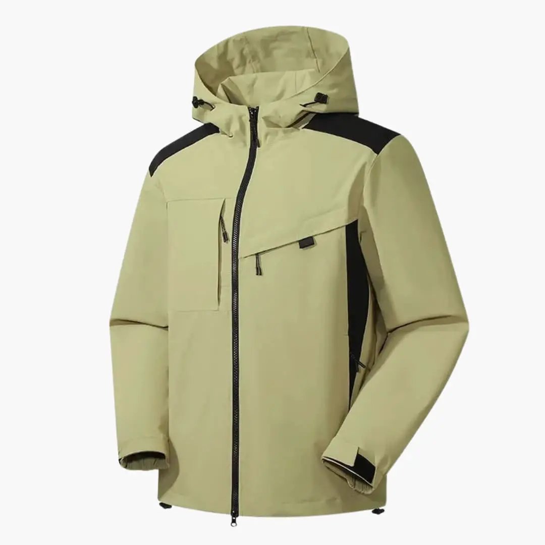 Men's ski jacket with hood by Wilfred Smith in beige with black shoulder panels and zip pockets.