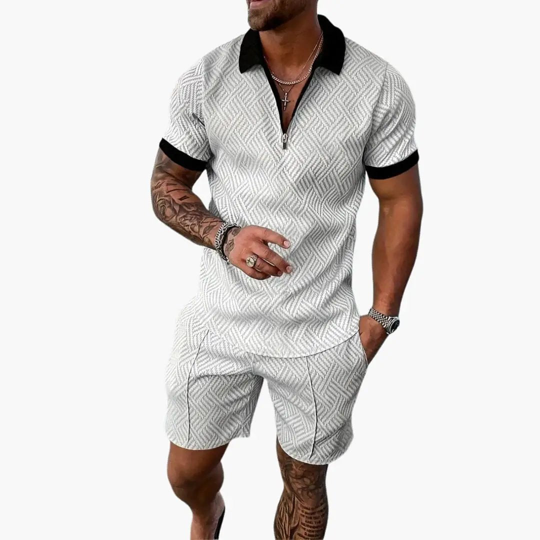 Men's summer two-piece set with zipper polo top and matching gray geometric shorts