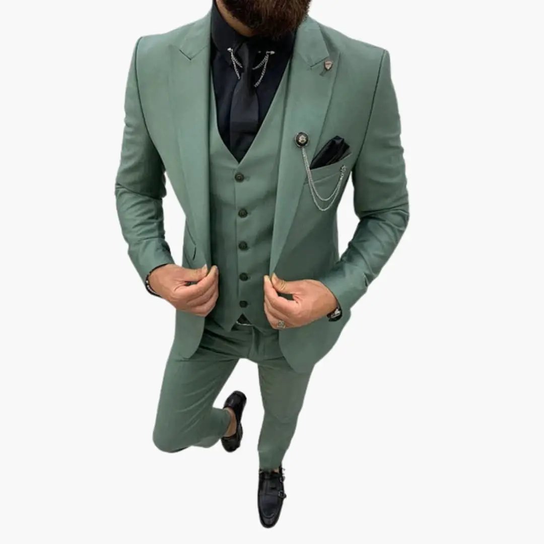 Men's slim-fit three-piece suit in sage green with notch lapel and vest by Wilfred Smith