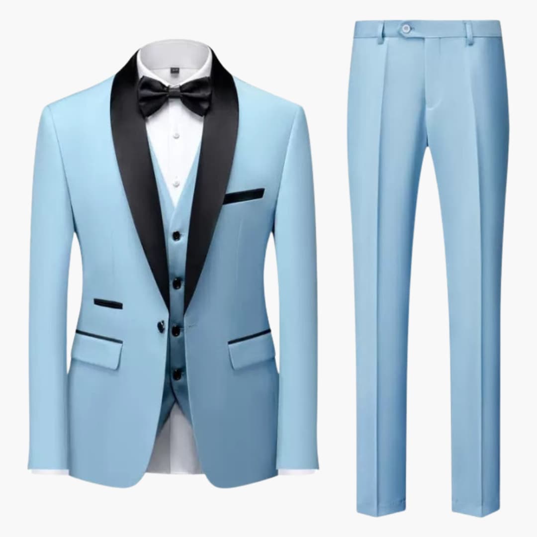 Men's light blue three-piece suit with black shawl collar, waistcoat and trousers, and a black bow tie