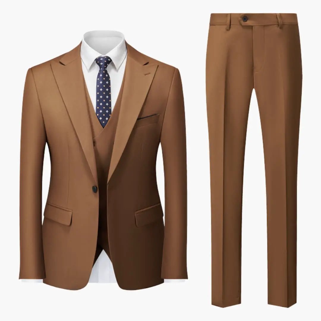 Elegant Slim Fit Suit jacket and trousers in tan brown; tailored men's business attire by Wilfred Smith.