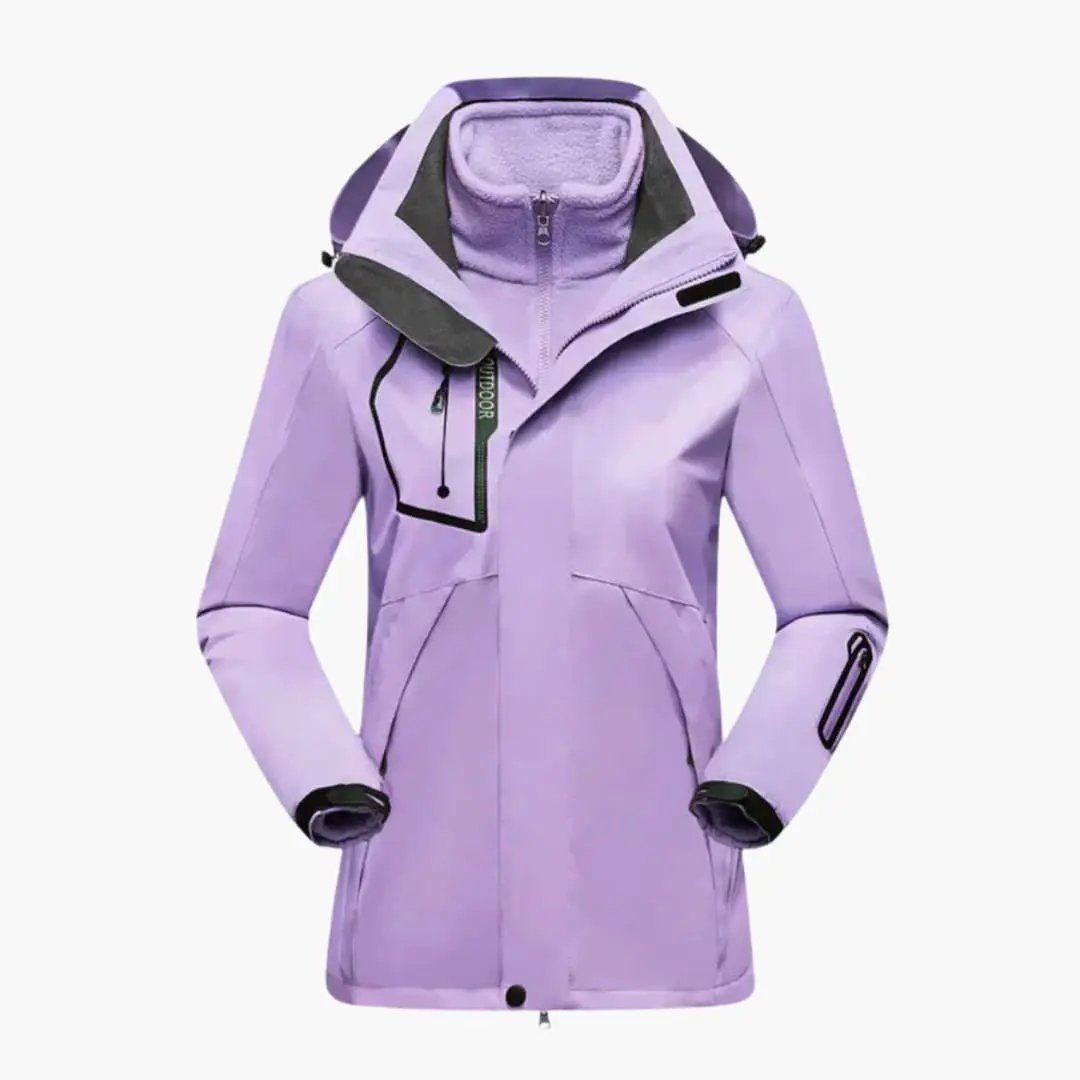 Women's ski jacket in lavender purple with removable lining, front zipper and high collar