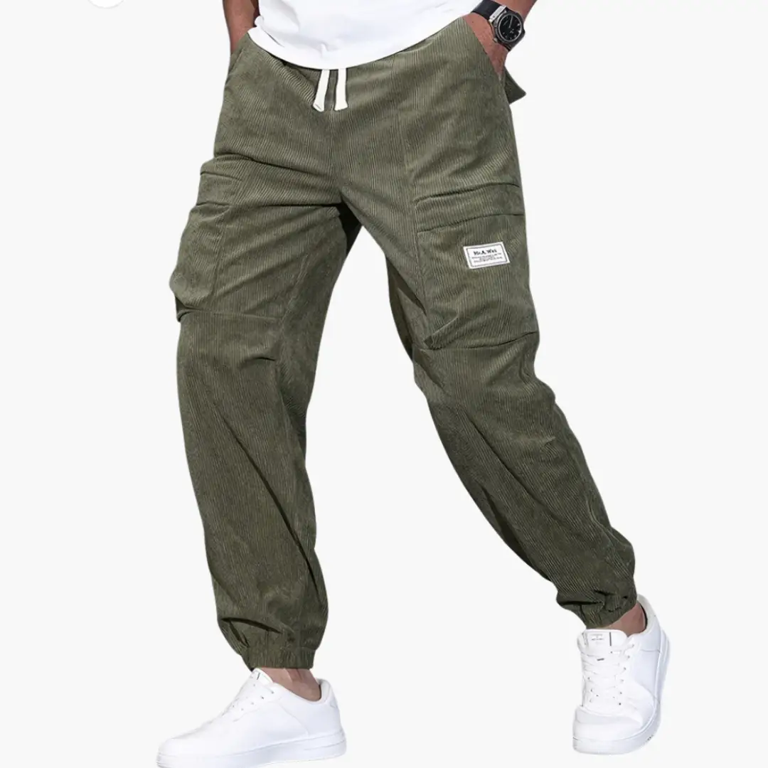 Men's corduroy trousers by Wilfred Smith with drawstring waist and side pockets, olive green