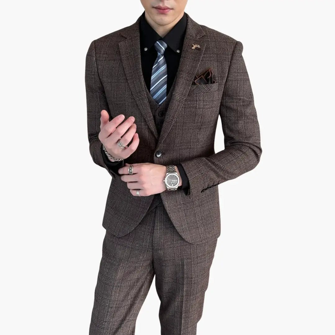 Men's Wilfred Smith brown check three-piece suit set with jacket, waistcoat and trousers for formal wear.