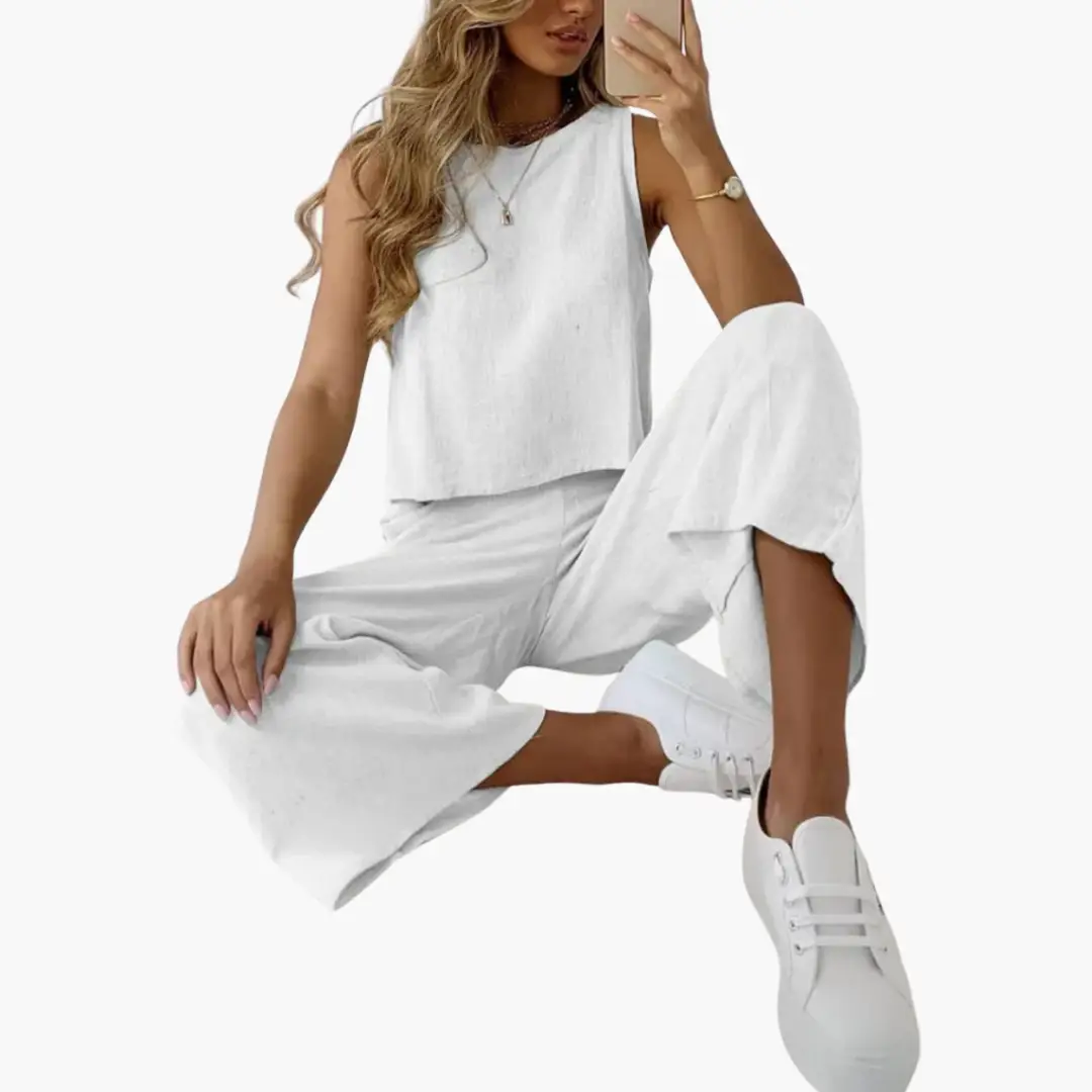 Women’s white linen two-piece outfit set with sleeveless top and wide-leg pants