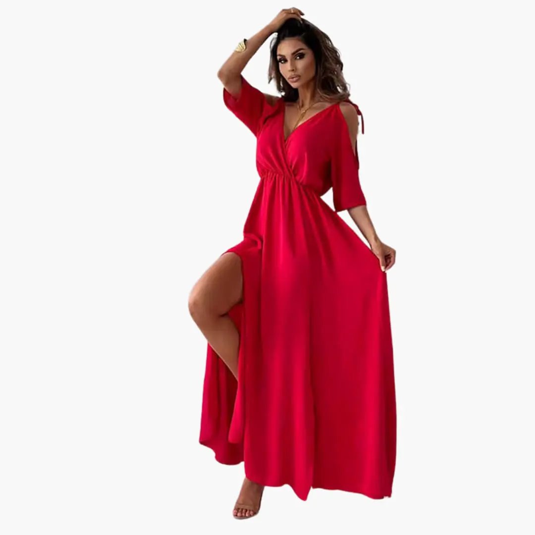 Maxi dress with V-neck and slit, red, Wilfred Smith, women's evening wear