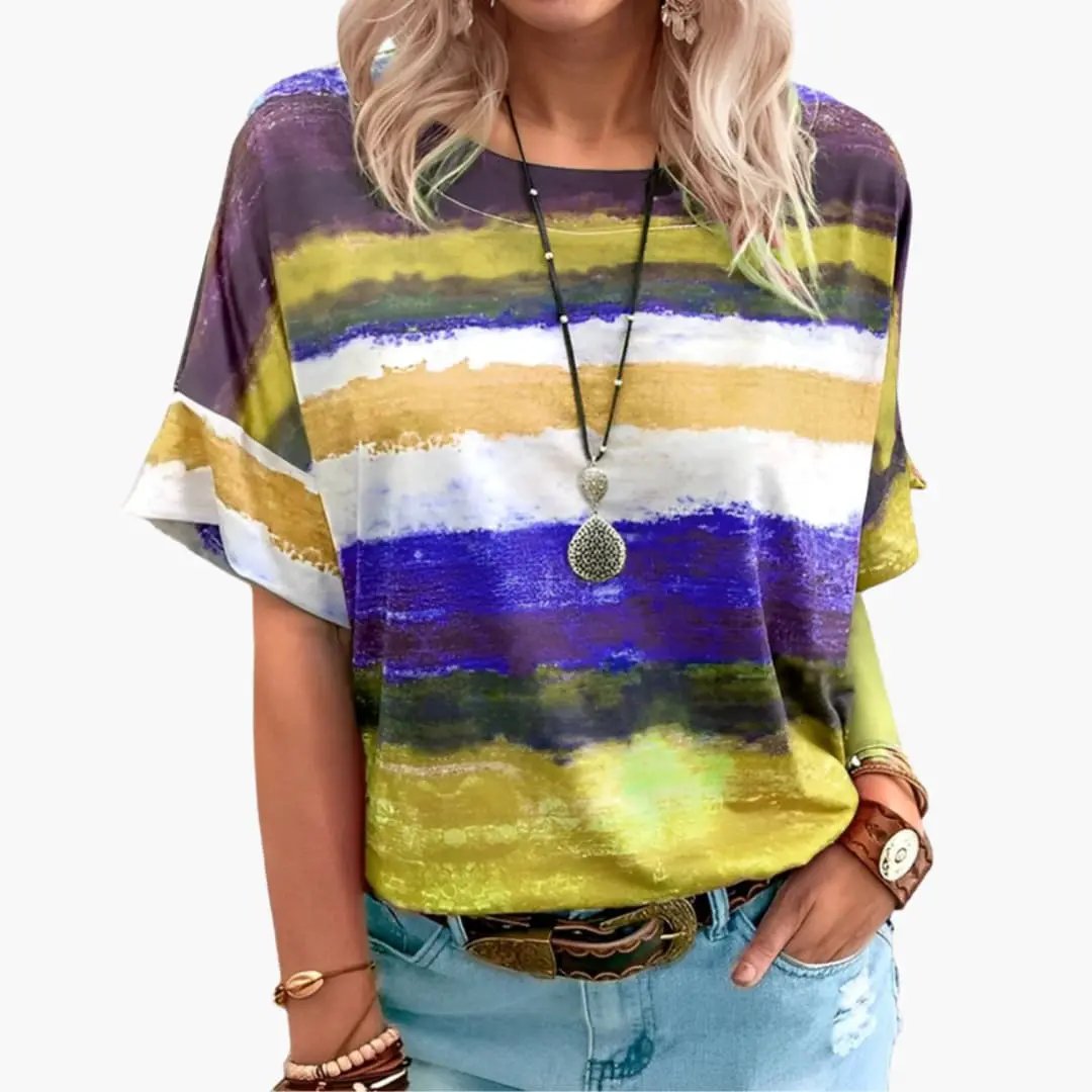 Women's Classic Crew Neck Short Sleeve T-Shirt with multicolor striped pattern