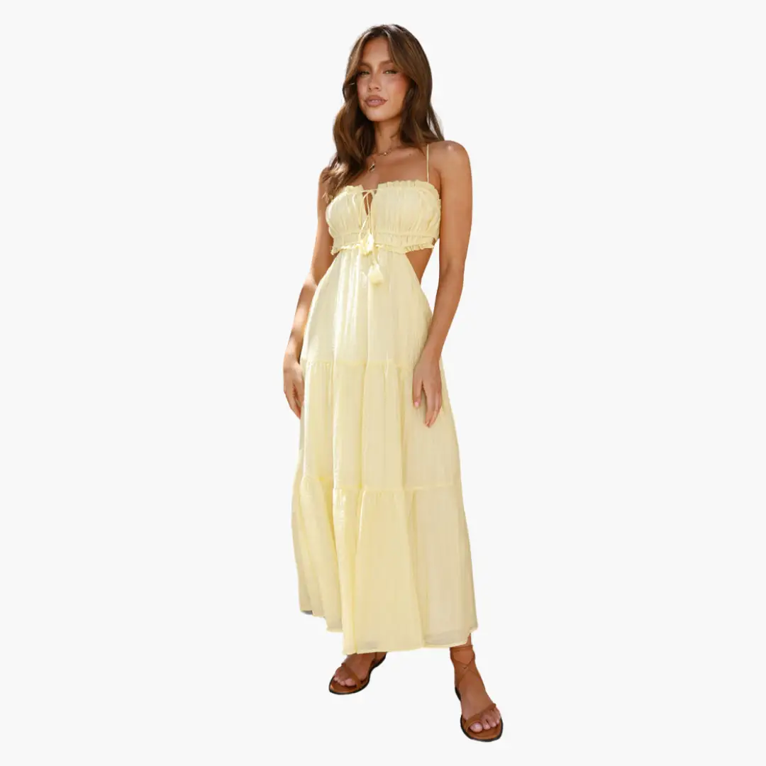 Boho maxi dress for women in yellow with tie-front bodice and tiered skirt