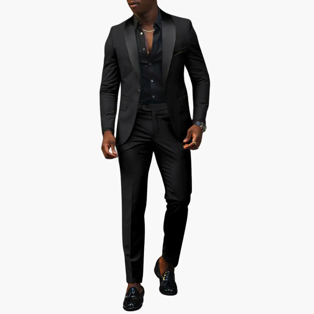 Elegant men's wedding suit by Wilfred Smith, black two-piece with satin lapels, slim fit