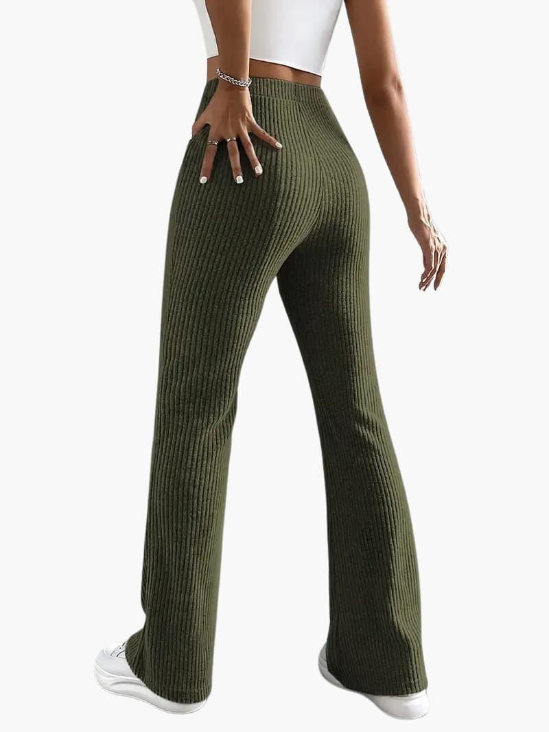 Wide high-waist olive green knit pants for women with a wide-leg silhouette