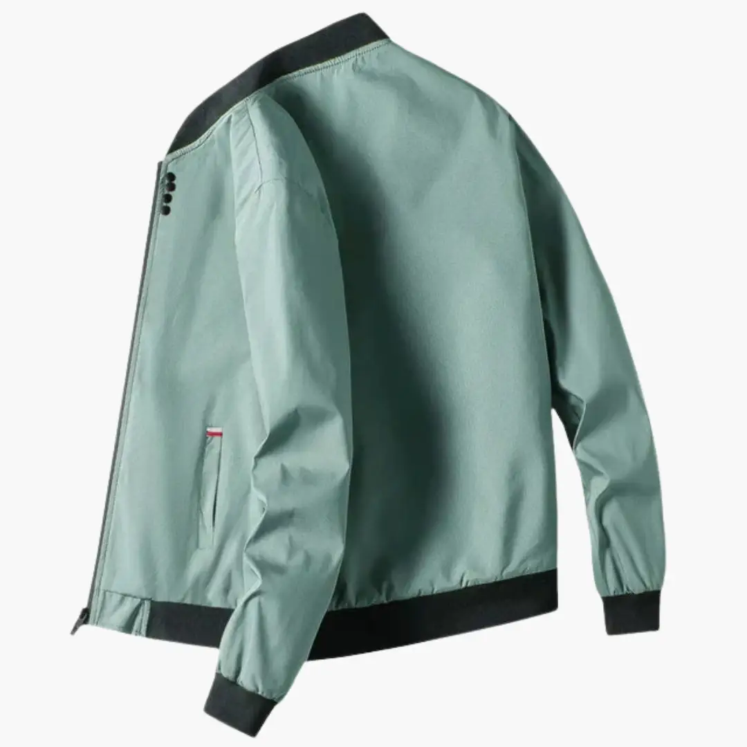 Men's bomber jacket in mint green with ribbed black collar, cuffs and hem; zip front and waist pockets.