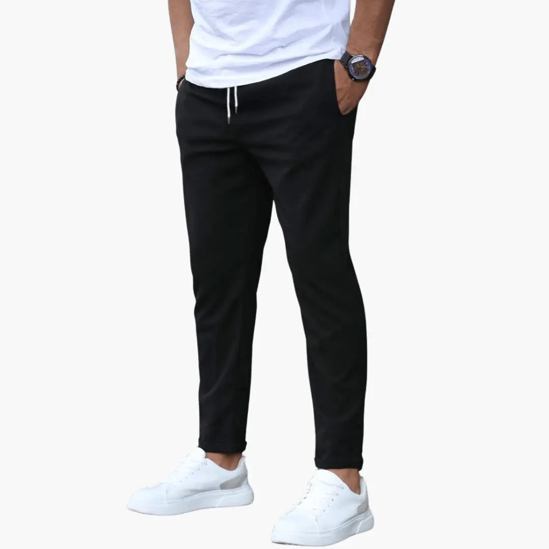 Men's stretch trousers with slim legs and waistband in black by Wilfred Smith