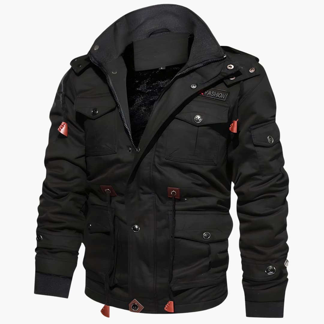 Men's black Wilfred Smith winter jacket with zipper and multiple pockets