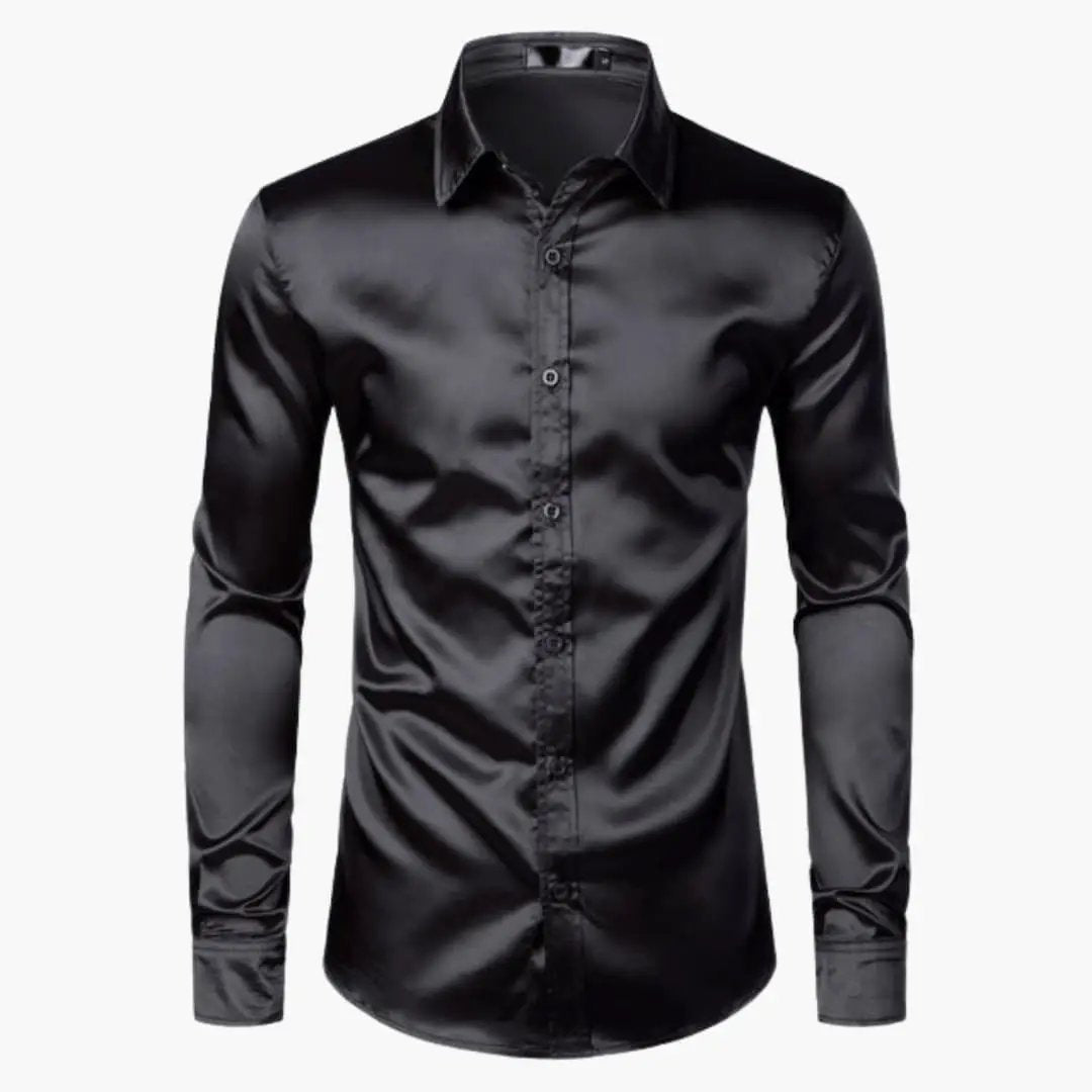 Light shirt for men by Wilfred Smith, black shiny long-sleeve button-down.